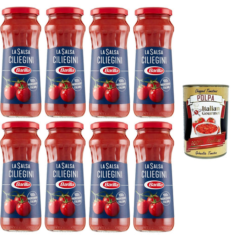Barilla Salsa Pronta Ciliegini Fertig - Kirschsauce mit 100% Kirschtomaten, ohne Konservierungsstoffe und Zuckerzusatz 8x 300 g inkl. Italian Gourmet polpa 400gr Original italienisch