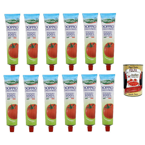 Valfrutta Doppio Concentrato Di Pomodoro, Doppeltes Tomatenkonzentrat, 100% Tomaten, Tube 12x 130g inkl. Italian Gourmet polpa 400g Original italienisch