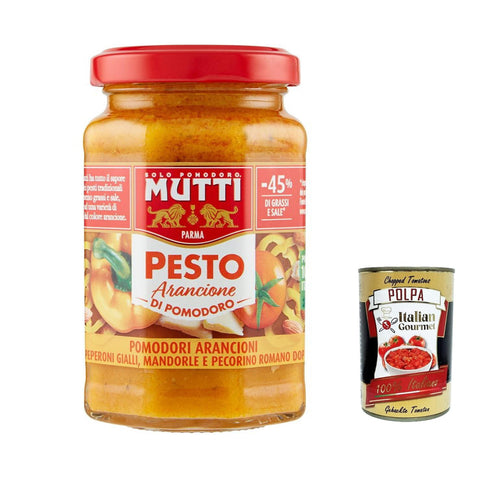 Mutti Pesto arancione di pomodoro, - 45% des Fetts, Pesto mit gelben Kirschtomaten, Mandeln und Pecorino - Käse 12x 190g inkl. Italian Gourmet polpa 400g Original italienisch