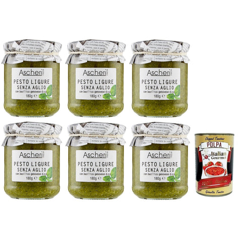 Ascheri 1960 Pesto Ligure Senza Aglio con Basilico Genovese,Pesto Sauce Ohne Knoblauch mit Genuesischem Basilikum d.o.p. Glas 180g 6x Original italienisch inkl. Italian Gourmet Polpa di Pomodoro 400g Dose