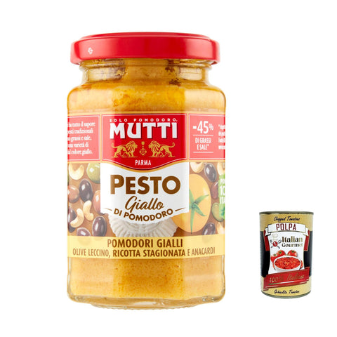 Mutti Pesto di Pomodoro giallo, Pesto mit gelben Tomaten, Oliven, erfahrener Ricotta und Anacardi 6x 190g inkl. Italian Gourmet polpa 400g Original italienisch