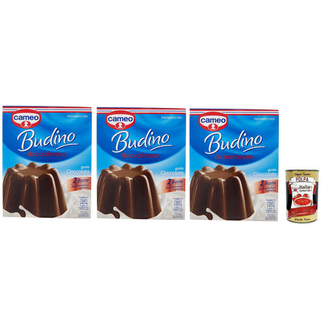 Cameo Cremige Pudding Mix mit Schokoladengeschmack, einfach zuzubereitendes Dessert, Die Packung enthält 2 Beutel mit je 4 Portionen für insgesamt 8 Portionen, 3x 180 g Original italienisch inkl. Italian Gourmet Polpa 400g