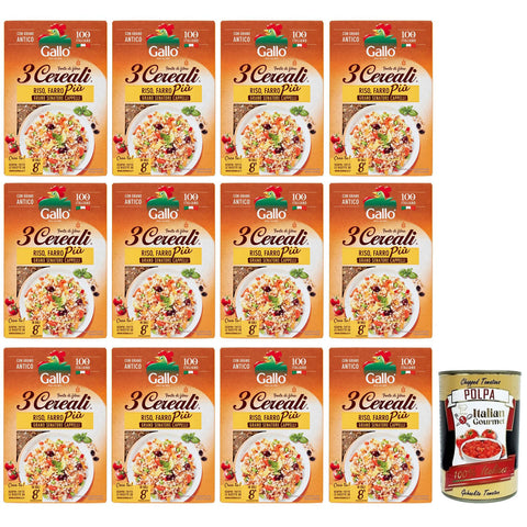 Gallo Riso Gallo 3 Cereali Mischung aus Reis, Dinkel und Weizen Senatore Cappelli, 100% Reis ideal für Suppen und Risottos 400 - g - Packung 12x inkl. Italian Gourmet Polpa di Pomodoro 400g Dose Original italienisch
