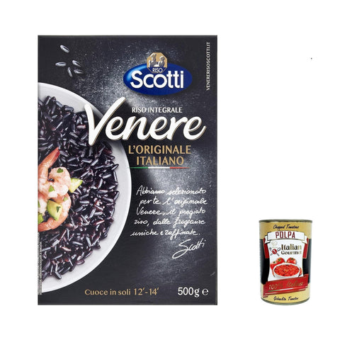 Scotti Riso Scotti Venere Integrale, Schwarzer Reis, gewachsen in Italien, Vollkorn,, reich an Ballaststoffen und Antioxidantien, vakuumverpackt 12x 500 g inkl. Italian Gourmet polpa 400g Original italienisch