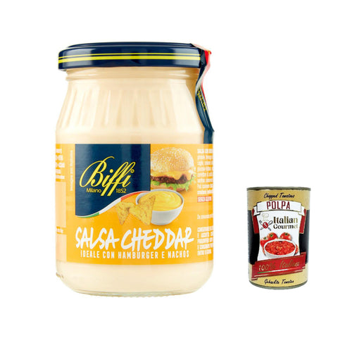 Biffi Salsa cheddar, Ideale Sauce für Nachos, Sandwiches und Hamburger. 180g 3x Original italienisch inkl. Italian Gourmet Polpa 400g