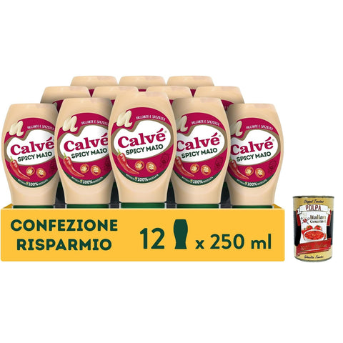 Calvé Maionese Spicy Mayo, 12 Stück à, Mayonnaise mit Paprika - und Cayenne - Pfeffer - Zusatz, würzige und scharfe Sauce, ideal für Sushi, Pokè und Frittiertes 250 ml inkl. Italian Gourmet polpa 400g Original italienisch