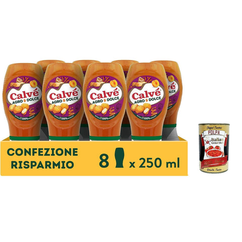 Calvé Salsa Agro & Dolce, 8 Stück à, Fruchtige Süß - Sauer - Sauce, Süß und Ausgewogen, Ideal für Frittiertes und Fingerfood, Ohne Aromen und Farbstoffe, Glutenfrei 250 ml inkl. Italian Gourmet polpa 400g Original italienisch