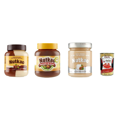 Nutkao Testpaket Crema Bicolore, Bianca and Cacao,Nocciole e Vaniglia,Streichfähige Creme Kakao mit Haselnüssen und Vanille, Glas Original italienisch inkl. Italian Gourmet Polpa 400g