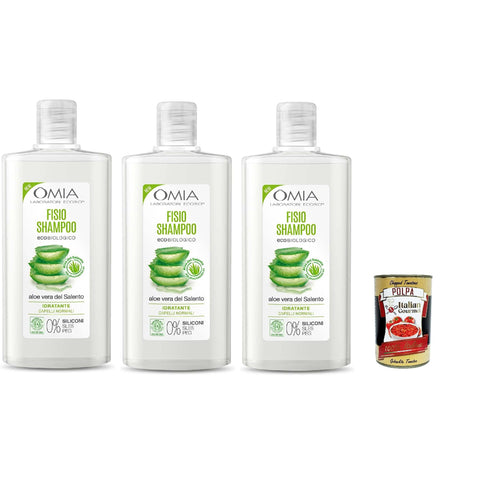 Omia Fisio Eco Bio Shampoo, Mit Aloe Vera, für normale Haare, Feuchtigkeit und Balancing, geeignet für häufige Verwendung, ohne Silikone, 3x 200 ml Original italienisch inkl. Italian Gourmet Polpa 400g