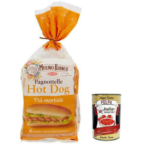 Mulino Bianco Mini Hot Dog Brot, Packung mit, Jede Packung enthält 6 Hot Dog Buns 3x 325g inkl. Italian Gourmet Polpa di Pomodoro 400g Dose Original italienisch