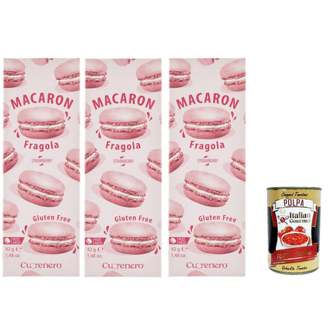 Cuorenero Macaron Fragola, gluten frei, gluten free, Kosher, Macaron Erdbeercreme 3x 42g Original italienisch inkl. Italian Gourmet Polpa 400g