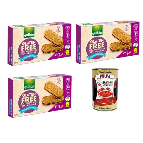 Gullon Sandwich Chocolate, Kekse mit Hafer - und Schokoladencremefüllung, gluten frei, gluten free Vegan 3x 220g inkl. Italian Gourmet polpa 400g Original italienisch