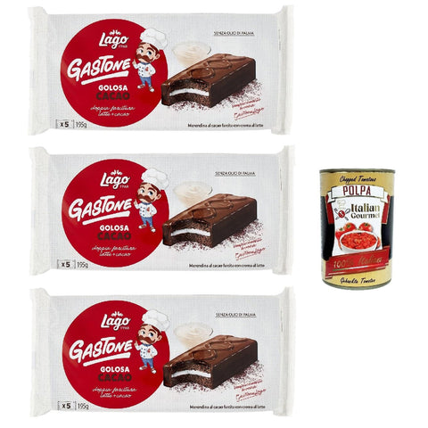 LAGO 1968, Le Merende di Gastone Golosa al Cacao, Kuchen Snacks mit Milchcreme und Kakaoabdeckung 3x 195g, natürlich ohne Palmöl lassen Original italienisch inkl. Italian Gourmet Polpa 400g