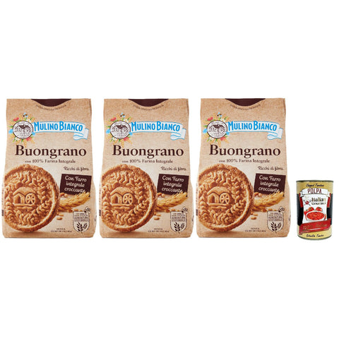 Mulino Bianco Biscotti Buongrano con 100% Farina Integrale, Kekse mit 100% vollem Mehl, Frühstück voller Faser und Geschmack 3x 350 g inkl. Italian Gourmet polpa 400g Original italienisch