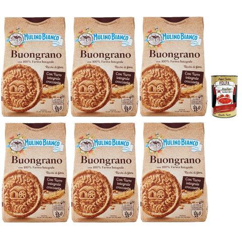 Mulino Bianco Biscotti Buongrano con 100% Farina Integrale, Kekse mit 100% vollem Mehl, Frühstück voller Faser und Geschmack 6x 350 g inkl. Italian Gourmet polpa 400g Original italienisch