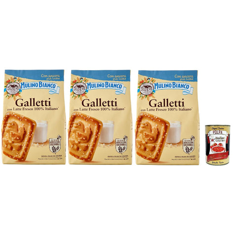 Mulino Bianco Biscotti Frollini Galletti, Kekse Mit frischer Milch 100% Italienisch, Ohne Palmöl, Frühstück voller Geschmack, 3x 350 g Original italienisch inkl. Italian Gourmet Polpa 400 g