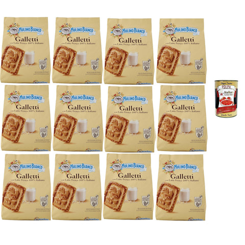 Mulino Bianco Galletti, Biscotti con latte 100% italiano, Kekse Mit frischer Milch 100% Italienisch, Palmölfreies, leckeres Frühstück, 12x 800 g Original italienisch inkl. Italian Gourmet Polpa 400g