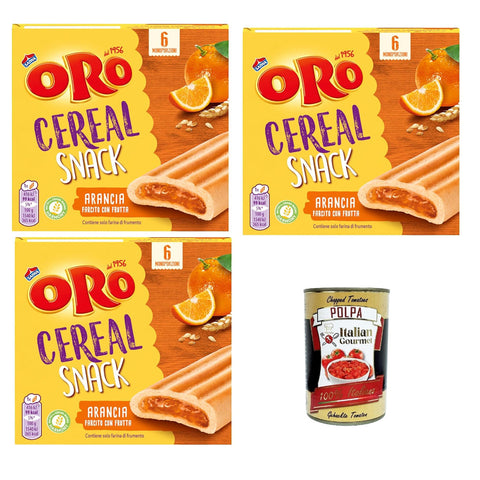 ORO SAIWA Cereal Snack Arancia, Weiche Müsli -Kekse mit Orangenfüllung, Faserquelle und Magnesium, 3x 162G Original italienisch inkl. Italian Gourmet Polpa 400g