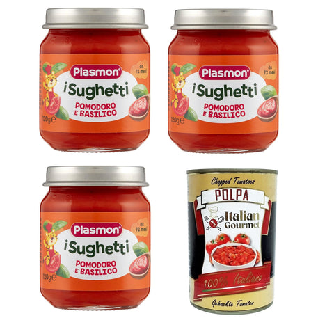 Plasmon i Sughetti Pomodoro e Basilico i Tomaten- und Basilikumsaucen 3x120 g Original italienisch inkl. Italian Gourmet Polpa di Pomodoro 400g