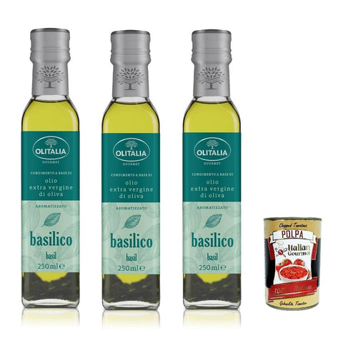 Olitalia Olio Condimento a Base di olio extra vergine di oliva all'aroma di Basilico, Extra Natives Olivenöl Basilikum geschmack 3x 250ml Original italienisch inkl. Italian Gourmet Polpa 400g