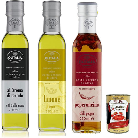 Olitalia Olio Condimento a Base di olio extra vergine di oliva all'aroma test set, Extra Natives Olivenöl geschmack 3x 250ml Original italienisch inkl. Italian Gourmet Polpa 400g