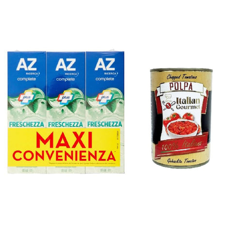 AZ Dentifricio Complete Plus Freschezza Delicata Menta Leggera Complete Plus Zahnpasta Zarte Frische Leichte Minze 3x65 ml Original italienisch inkl. Italian Gourmet Polpa 400g