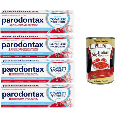 Parodontax Complete Protection Original italienisch, tägliche Zahnpasta mit Fluorid, 8 Vorteile, speziell entwickelt für gesünderes Zahnfleisch und stärkere Zähne, 4x75 ml italienisch inkl. Italian Gourmet Polpa 400g