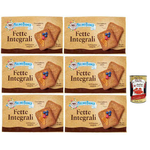 Mulino Bianco Fette biscottate Le Integrali Vollkorn Zwieback Kekse, Frühstückskekse, Zwieback kekse gebackenem Brot 6x 630g inkl. Italian Gourmet polpa 400g Original italienisch