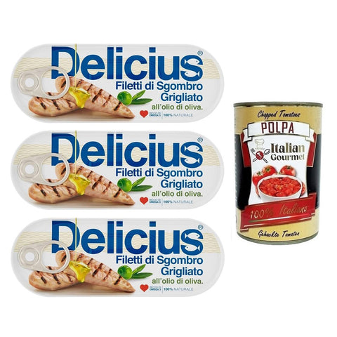 3x Delicius Filetti di Sgombro Grigliati all'Olio di Oliva, Gegrillte Makrelenfilets in Olivenöl, reich an Omega 3, Hochwertiger Blauer Fisch, 110 g Dose