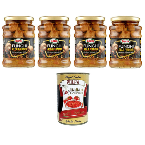 Berni Funghi alla Fiamma con Olio Extra Vergine di Oliva Flammpilze mit Nativem Olivenöl Extra 4x350 g italienisch Original + kostenlos polpa 400 g