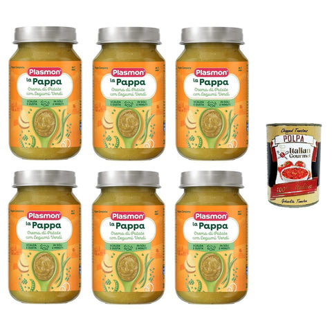 Plasmon la Pappa Crema di Patate con Legumi Verdi Cremiger Kartoffel-Pappa mit grünen Hülsenfrüchten 6x200 g italienisch Original Pastasauce + kostenlos Polpa di