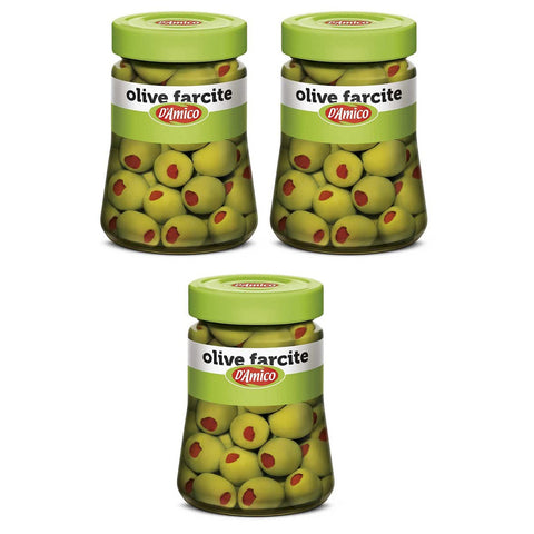 D'amico Olive Verdi Farcite con Pasta di Peperoni Grüne Oliven in Salzlake Gefüllt mit Peperonipaste 290 g italienisch Original