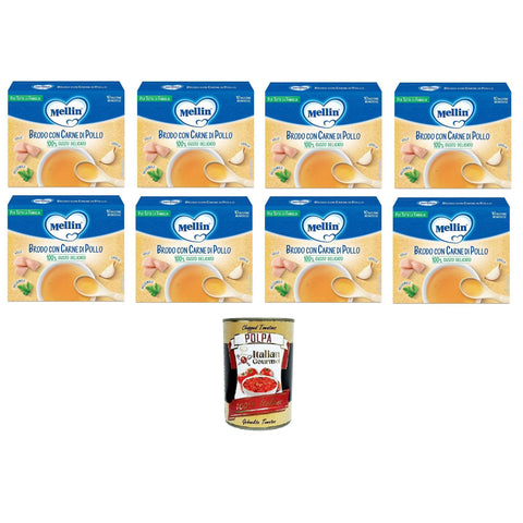 Mellin Brodo con carne di pollo 100% Gusto Delicato, per tutta la famiglia Brühe mit Hühnerfleisch 100% delikater Geschmack, für die ganze Familie 8x50 gr italienisch Original