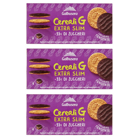 3x Galbusera Cereali G Extra Slim Fondente Müslikekse Kekse aus Getreide Umhüllt von Dunkler Schokolade Packung à 120 g, jede Packung enthält 4 Einzelportionen