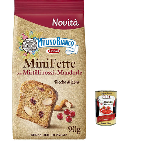 Mulino Bianco Mini Fette mit Preiselbeeren und Mandeln mit Vollkornmehl reich an Ballaststoffen Vollkorn-Zwieback ohne Palmöl 90 g 6x italienisch Original Kekse