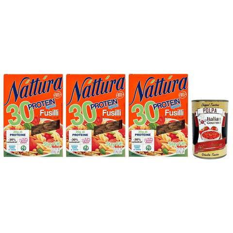 Náttúra Protein Sport Pasta Fusilli aus Biologischem Anbau reich an Proteinen Packung mit 250 g 3x italienisch Original + kostenlos Polpa di Pomodoro 400 g Dose