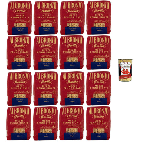 Barilla Al Bronzo Pasta Mezze Penne Rigate Bronze Gezogene Pasta Rohe Verarbeitungsmethode 16x500 g italienisch Original + kostenlos polpa 400 g