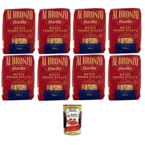 Barilla Al Bronzo Pasta Mezze Penne Rigate Bronze Gezogene Pasta Rohe Verarbeitungsmethode 8x500 g italienisch Original + kostenlos polpa 400 g