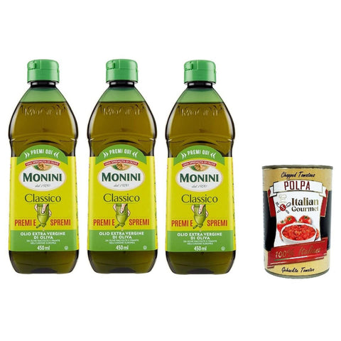 Monini Classico Premi e Spremi Olio Extra Vergine di Oliva Squeeze Natives Olivenöl Extra PET 3x450 ml italienisch Original + kostenlos Polpa di Pomodoro 400 g