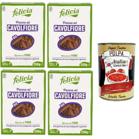 Felicia Penne al Cavolfiore Con farina di riso integrale e quinoa Blumenkohl-Penne mit braunem Reismehl und Quinoa 4x250 g italienisch Original Pasta + kostenlos
