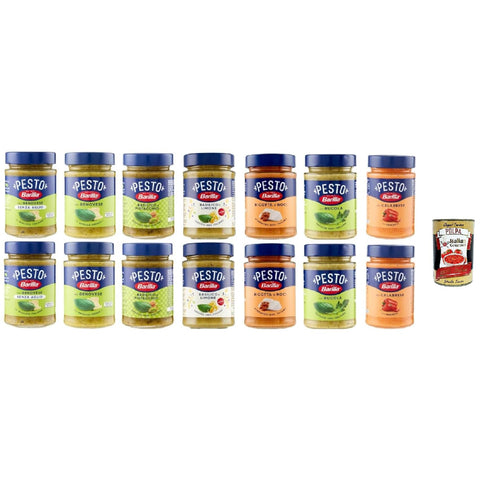 Barilla Box für Pesto, 14 Gläser x 190 g, Genuese, Basilikum und Pistazie, Ricotta und Nüsse, Rucola, Calabres, Basilikum und Zitrone, Genuese ohne Knoblauch