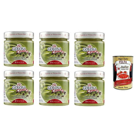 Bacco La Schokoladenaufstrich Bacco La Golosa Crema al Pistacchio con Granella di biscotto Die köstliche Pistaziencreme mit Keksbröseln 6x200 g italienisch Original Pastasauce + kostenlos polpa 8032804040014