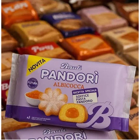 Bauli Snack Kuchen Bauli Pandori‘ Aprikosen gefüllte ‚Pandori‘ mit weichem Milch Pandoro Teig Gebäckspezialität traditionelle Pandoro Art 4x 178gr italienisch Original