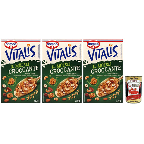 Cameo Vitalis Muesli Croccante Frutta Secca Müsli knusprige getrocknete Früchte mit Ganzhöfenflocken Hafer Mandeln Anacardi Haselnüsse und Pekannusswalnüsse