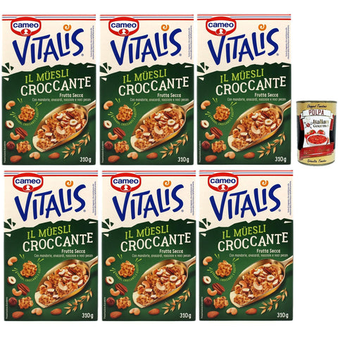 Cameo Vitalis Muesli Croccante Frutta Secca, Müsli knusprige getrocknete Früchte mit Ganzhöfenflocken Hafer Mandeln Anacardi Haselnüsse und Pekannusswalnüsse, 6x 310 g italienisch Original