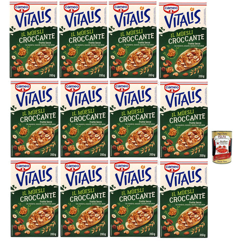 Cameo Vitalis Muesli Croccante Frutta Secca, Müsli knusprige getrocknete Früchte mit Ganzhöfenflocken Hafer Mandeln Anacardi Haselnüsse und Pekannusswalnüsse, 12x 310 g italienisch Original