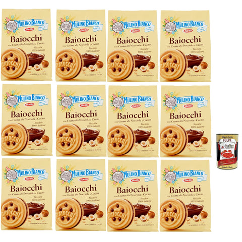Mulino Bianco Baiocchi Kekse mit Haselnusscreme und Kakao zum Frühstück und süßer für den Nachmittag 12x260 g italienisch Original + kostenlos polpa 400 g