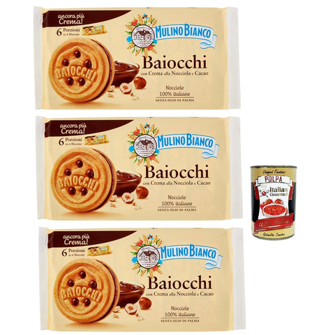 Mulino Bianco Baiocchi Kekse mit Haselnusscreme und Kakao zum Frühstück und süßer für den Nachmittag 3x336 g italienisch Original + kostenlos polpa 400 g