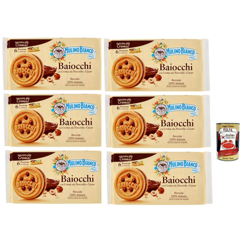 Mulino Bianco Baiocchi Kekse mit Haselnusscreme und Kakao zum Frühstück und süßer für den Nachmittag 6x336 g italienisch Original + kostenlos polpa 400 g