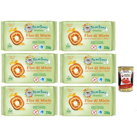 Mulino Bianco Fior di Miele Biscotti Frollini, Kekse mit Millefiori Honig, gluten free biscuits mit Maismehl, Laktose freier, Gluten und Palmöl, Mulino Armonia, 6x 250 g italienisch Original